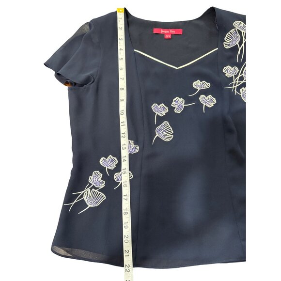 Jacques Vert Women's Size 10 Blouse Navy Blue Short Sleeve Top Floral Embroidery - Picture 7 of 9